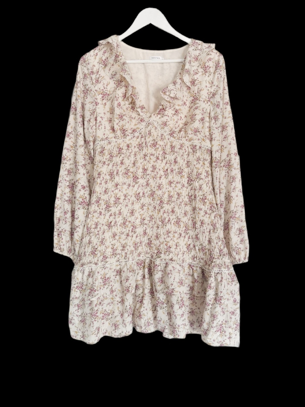Kestan Floral V-Neck Empire Waist Tiered Ruffle Mini Dress Large